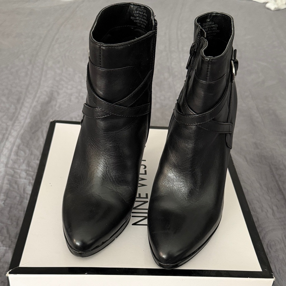 Nine West Black Leather Pointed Ankle Booties with Buckle Strap